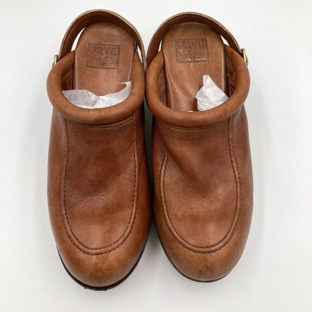 Frye Brown Platform Leather Clogs~Wooden Heels Size 9 B With Strap Vintage